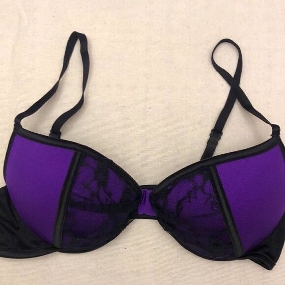 Coquette black lace purple satin push up underwire bra size L - Picture 3 of 8